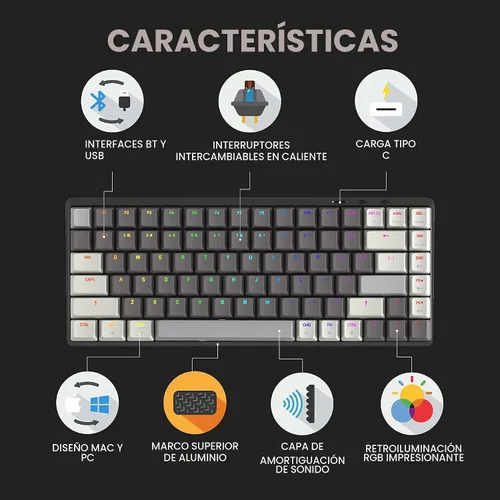 Vista 7 de Azio Cascade - Teclado mecánico, RGB retroiluminado, interruptores y teclas de intercambio en caliente, conexión inalámbrica USB-C o Bluetooth