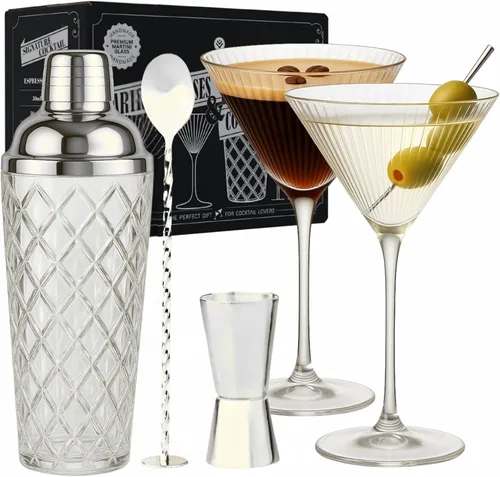 Vista 10 de VEMACITY - Regalos de lujo de Martini Espresso Juego de coctelera dorada + 2 copas de Martini Espresso - Kit de cóctel con colador integrado