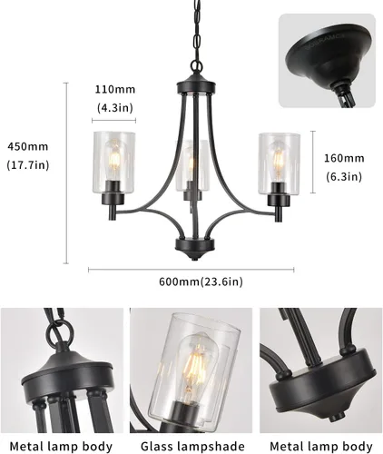 Vista 2 de BOZO Candelabro negro de 3 luces para comedor sobre mesa, lámpara de entrada para vestíbulo, accesorios de iluminación de pasillo con pantalla
