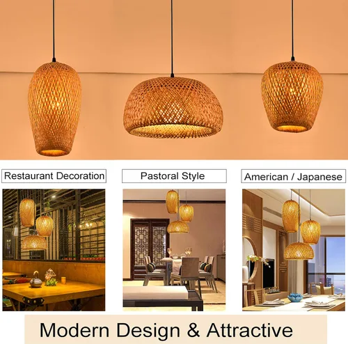 Vista 6 de GWY Lámpara colgante de farol de bambú, estilo japonés retro E27, lámpara colgante de techo para sala de estar, dormitorio, restaurante, cafetería