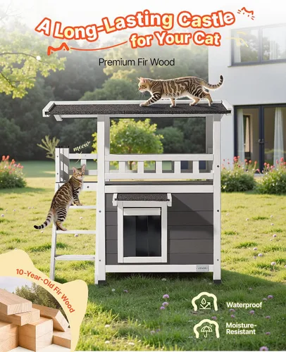 Vista 5 de VEVOR Casa para gatos al aire libre, refugio de madera para gatos de 2 pisos con escaleras y balcón, refugio elevado para gatitos, habitación