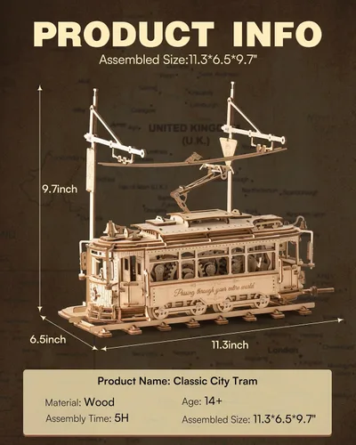 Vista 4 de RoWood Rompecabezas 3D para adultos, kit de modelo de automóvil, rompecabezas de madera 3D, modelo de tranvía mecánico, kit de construcción