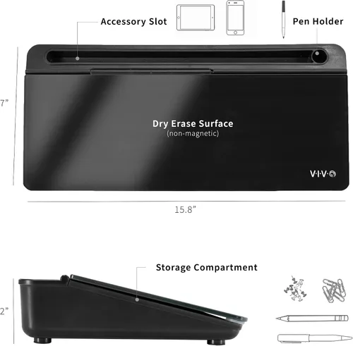 Vista 3 de Vivo DESK-WB16B - Pizarra de cristal de borrado en seco de 16 x 7 pulgadas con almacenamiento, organizador de pizarra blanca de escritorio