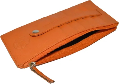 Vista 4 de Leatherboss - Funda para tarjetas todo en uno, cartera delgada con correa de protección para tarjetas, Naranja, Compacto