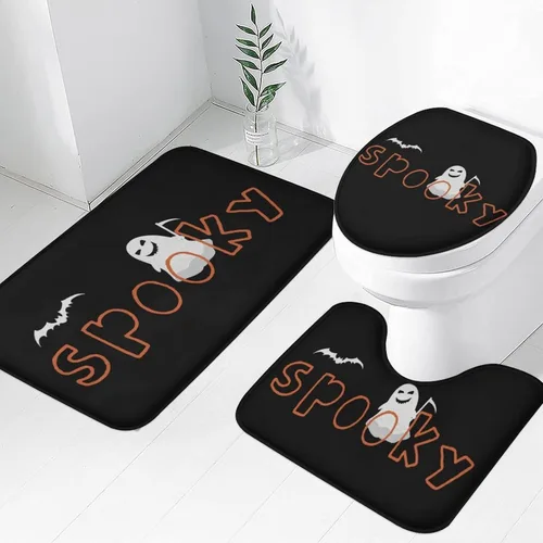 Vista 24 de Juego de 3 tapetes de baño de Halloween de bienvenida, diseño de fantasma, boo, gato, bruja, murciélago, calabaza, juego de alfombrillas de baño
