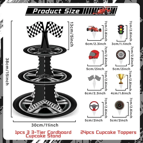 Vista 2 de Soporte para cupcakes de auto de carreras de 3 niveles con 24 adornos para tartas, decoraciones de fiesta de cumpleaños, temática de autos