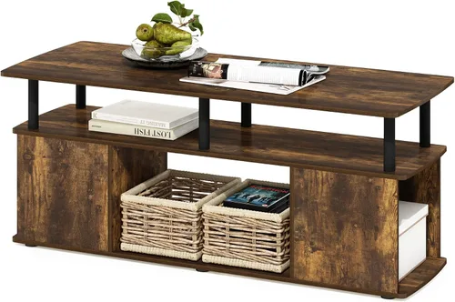 Vista 5 de Furinno Jaya - Mesa auxiliar rectangular moderna con estante abierto, mesa auxiliar con almacenamiento lateral, para sala de estar, dormitorio, Pino