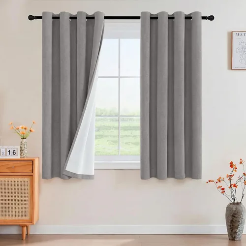 Vista 23 de Cortinas con textura de lino 100% opacas de 64 pulgadas de largo, juego de 2 paneles de cortinas de lino opacas con forro aislante térmico que Arena