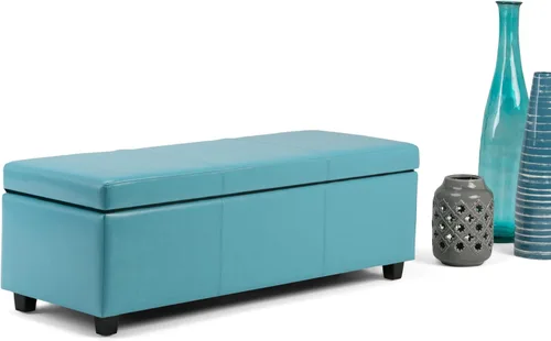 Vista 10 de Otomana rectangular de almacenamiento de cuero sintético Simpli Home Avalon., Poliuretano, Azul