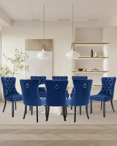 Vista 49 de Juego de 2 sillas de comedor de terciopelo con patas de madera, color beige Mid Century Modern Dining Chairs,Upholstered Chairs with Nailhead