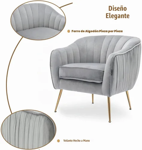 Vista 4 de Silla decorativa de terciopelo, Silla moderna de barril, Sillones de brazo para sala de estar, acabado dorado, gris