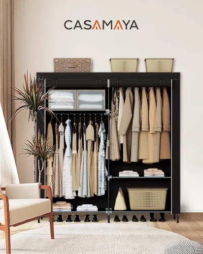 Vista 2 de CASAMAYA Armario portátil, armario de 61.8 pulgadas de gran capacidad con cubierta, organizador de almacenamiento de ropa con estantes y 2 varillas