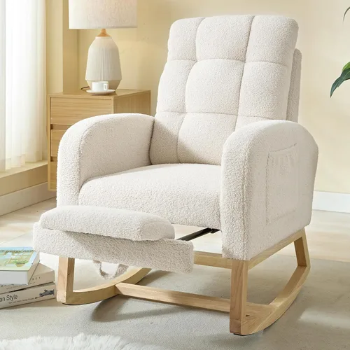 Vista 13 de NIOIIKIT Mecedora Moderna para Guardería, Mecedora Tapizada Teddy con Reposapiés, Cómoda Mecedora Deslizante con Bolsillo Lateral para Sala