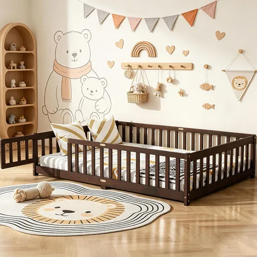 Vista 22 de Cama Montessori de tamaño matrimonial con tablillas, puerta y valla, cama Gris