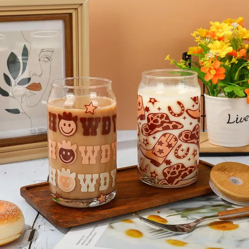 Vista 6 de Whaline Paquete de 2 vasos de vaquero de 16 onzas, sombrero de vaquero, taza de café helado marrón con tapas de bambú, cepillos de limpieza