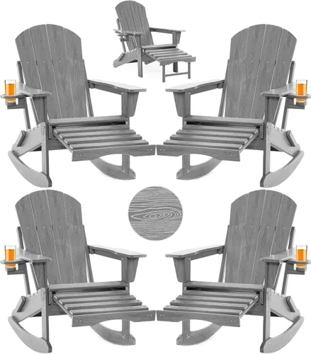 Vista 8 de Mecedora plegable Adirondack, silla de patio multifuncional 4 en 1 con otomana retráctil, silla de exterior con textura de madera, silla de césped