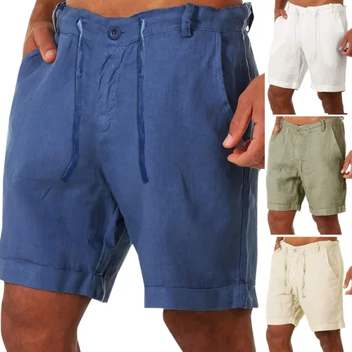 Vista 2 de Pantalones cortos para hombre, pantalones cortos atléticos de algodón y lino, pantalones casuales con botones con cordones en la cintura, bolsillos