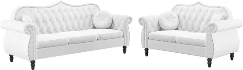 Vista 7 de AVZEAR Chesterfield - Juego de sofás seccional de 2 piezas para sala de estar, sofá tapizado en terciopelo moderno de mediados de siglo, sofá Blanco