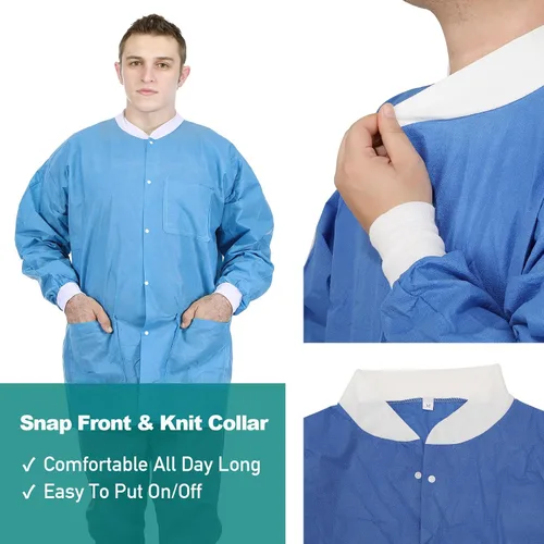 Vista 2 de Chaquetas de laboratorio desechables dentales Puños y cuello de punto suave SMS duraderos con 3 bolsillos Chaqueta de laboratorio médico