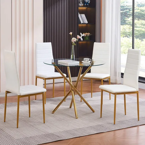 Vista 8 de Round Glass Dining Room Set for 4 Person Compact Glass Dining Table with Faux Leather Chairs with Golden Legs for Small Space/Apartment