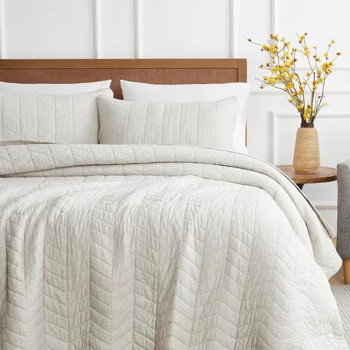 Vista 2 de palassio Juego de ropa de cama de algodón beige tamaño individual con funda de almohada, colcha ligera y suave, funda de edredón acolchada