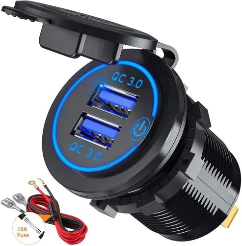 Vista 9 de GemCoo Enchufe de cargador USB de 12 V/24 V, 36 W QC 3.0 puertos USB duales, interruptor táctil, indicador LED, resistente al agua, verde
