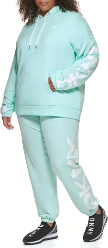 Vista 2 de DKNY Sudadera con capucha para mujer, con bolsillo, ajuste relajado, con logotipo agrietado