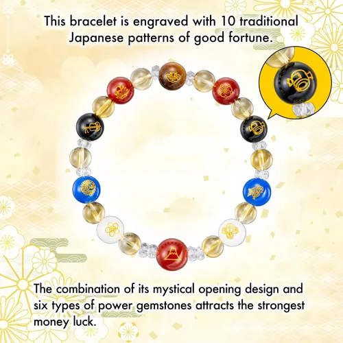 Vista 2 de Yokohama Wakuwaku kan Pulsera de la suerte diseño auspicioso Japón tradicional suerte dinero fresco piedra de poder ágata ónix ojo de tigre cristal