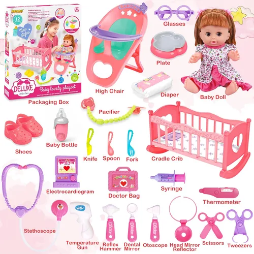 Vista 2 de Juego de juguetes para muñecas de bebé, juguetes de muñeca de 14", juego de juguetes para el cuidado de las muñecas de 25 piezas, juego de muñecas