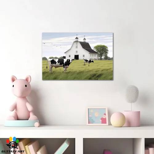 Vista 2 de Arte de pared con estampado de granero blanco de granja, granero y vaca, arte de pared con imágenes de granero blanco, cuadros rústicos de campo