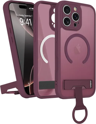 Vista 28 de Funda para iPhone 16 Pro Max, compatible con Magsafe, color negro Funda magnética mate translúcida, agarre de anillo de dedo, soporte ajustable