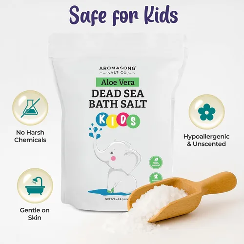 Vista 4 de Aromasong Sal del Mar Muerto para niños con aloe vera - Calmante, calmante y listo para dormir - Paquete resellable a granel de grano fino de 4
