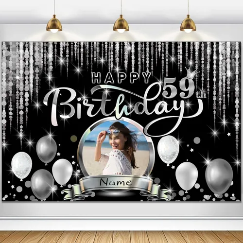 Vista 83 de Cartel de decoración de feliz cumpleaños número 100 personalizado - Personalización disponible - Negro y plateado - Tamaño grande - Admite fotos