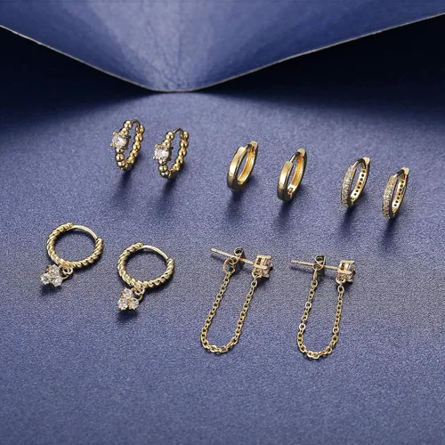 Vista 4 de Juego de 5 pares de aretes de aro dorados o plateados para mujeres y niñas, pequeños colgantes de circonia cúbica, joyas para regalo
