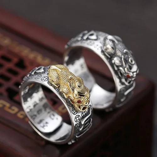Vista 2 de HJ HUAJ 990 Silver Feng Shui PiXiu Adjustable Ring MANI Mantra Protection Wealth Ring