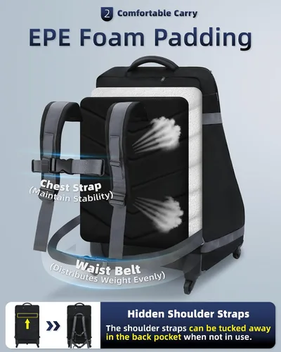 Vista 3 de Bolsa de asiento de coche mochila con ruedas para viajes aéreos, funda acolchada extra grande para asiento de automóvil, bolsa de control de puerta