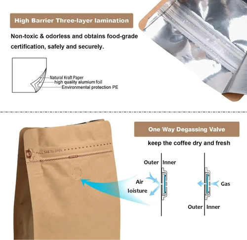 Vista 3 de Bolsas de café de papel kraft – Kraft de alta barrera y forro de aluminio – Bolsas de café de fondo plano con válvula de desgasificación, bolsas
