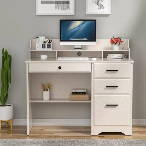 Vista 6 de Escritorio blanco para oficina en casa con 4 cajones y gabinete, mesa de computadora para dormitorio, blanco roto