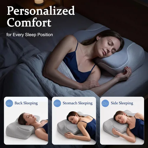 Vista 9 de Almohada cervical para el cuello para aliviar el dolor, almohada ergonómica de espuma viscoelástica para soporte de cuello y hombros, gris, 23.6 x