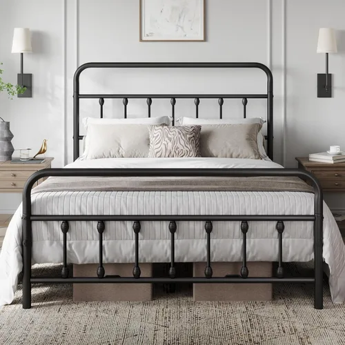 Vista 10 de Yaheetech Base de cama con plataforma de metal, cabecero y estribo Bronce