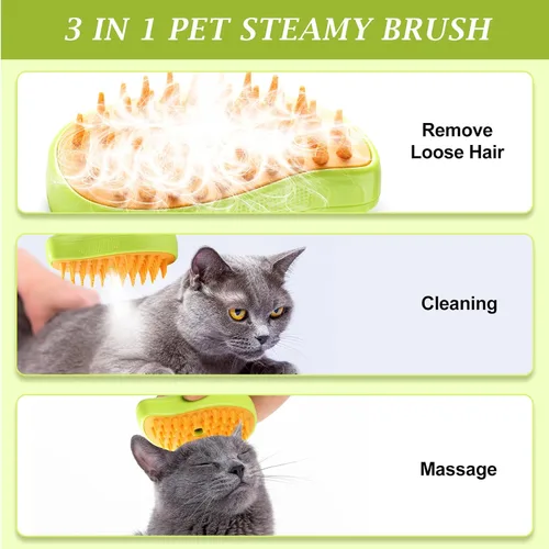Vista 2 de Cepillo de vapor para gatos, 3 en 1, peine de eliminación de pelo de mascotas con vaporizador, peine Spritz para perros, espray de pulverización