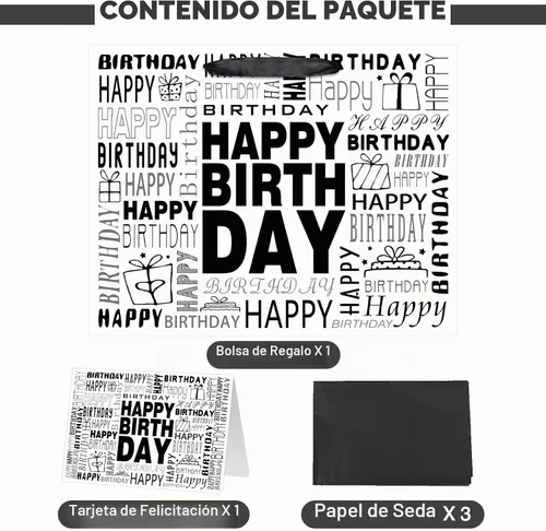 Vista 3 de Laidans Bolsa de regalo de feliz cumpleaños grande en blanco y negro de 13 13" Negro Blanco