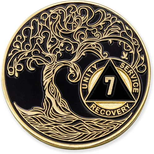 Vista 252 de 1 año Sobriety Mint Twisted Tree of Life Medallón de recuperación AA chapado en oro, chip/ficha - negro