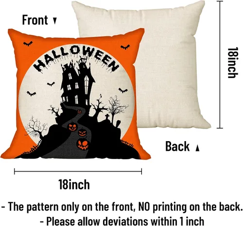 Vista 2 de Juego de 4 fundas de almohada espeluznantes de Halloween de 18 x 18 pulgadas, diseño de calabaza, espantapájaros, camión, castillo de bruja