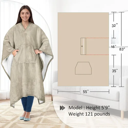 Vista 7 de Catalonia Manta Poncho Sherpa Vestible para Adultos Mujeres Hombres, Manta Capa Envolvente con Bolsillo, Cálida, Suave, Acogedora, Cómoda, Regalo