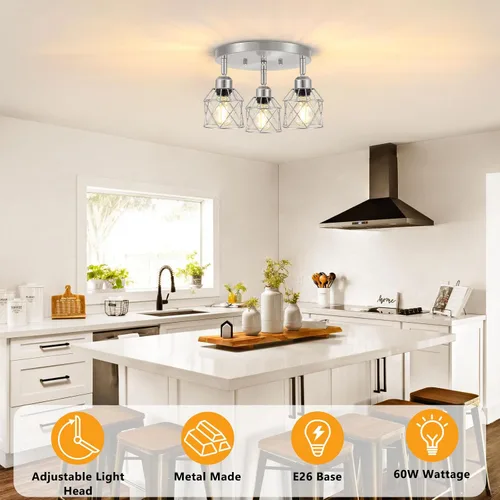 Vista 4 de Baocuz Lámpara de techo semiempotrada de níquel cepillado de 3 luces, luminarias de cocina ajustables montaje al techo base E26, luces de techo