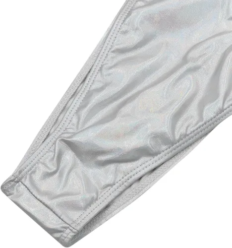 Vista 7 de Traje de baño de una pieza plateado metálico para mujer, sexy, con tirantes, espalda descubierta, corte alto, traje de baño para festival rave