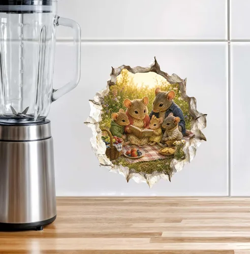 Vista 5 de Adhesivo de pared 3D con diseño de familia de ratón con agujero de ratón