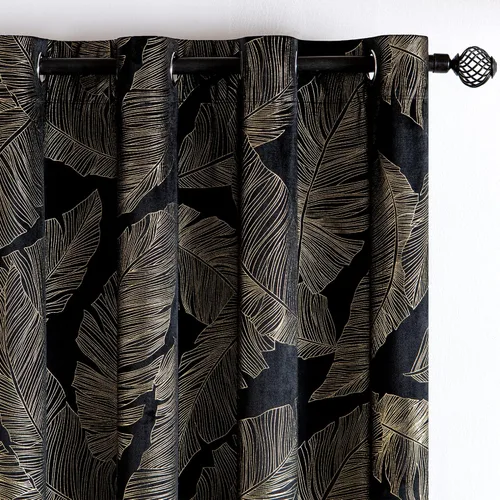 Vista 2 de MIULEE Cortinas opacas de terciopelo negro de 84 pulgadas de largo, juego de 2 paneles de cortinas estampadas con estampado de hojas doradas