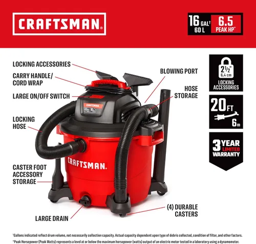 Vista 2 de CRAFTSMAN CMXEVBE18595 - Aspiradora húmeda y seca de 16 galones, 6.5 HP de potencia máxima, aspiradora de taller resistente húmeda y seca